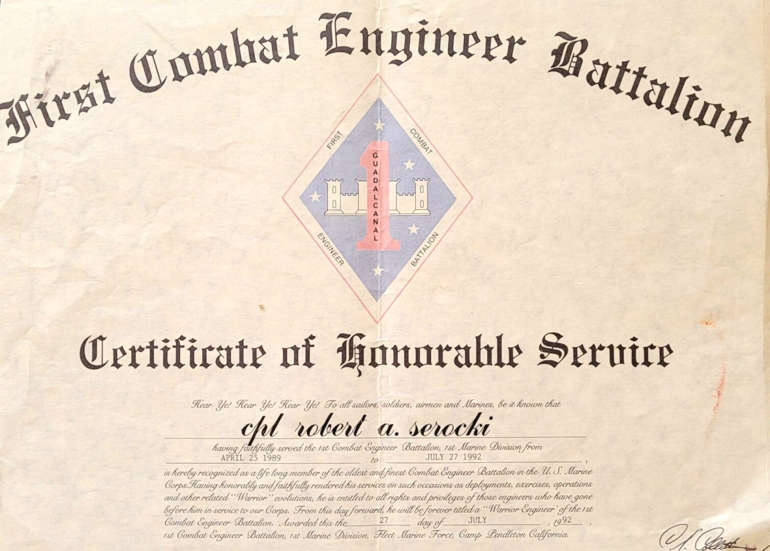 Combat Engineer School Honorable Service
